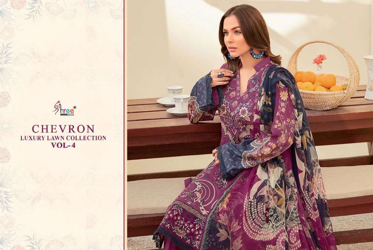SHREE FABS PRESENT CHEVRON LUXURY LAWN COLLECTION VOL-04 PURE COTTON WITH EMBRODERY PAKISTANI DESIGNER SUITS IN WHOLESALE PRICE IN SURAT - SAI DRESSES