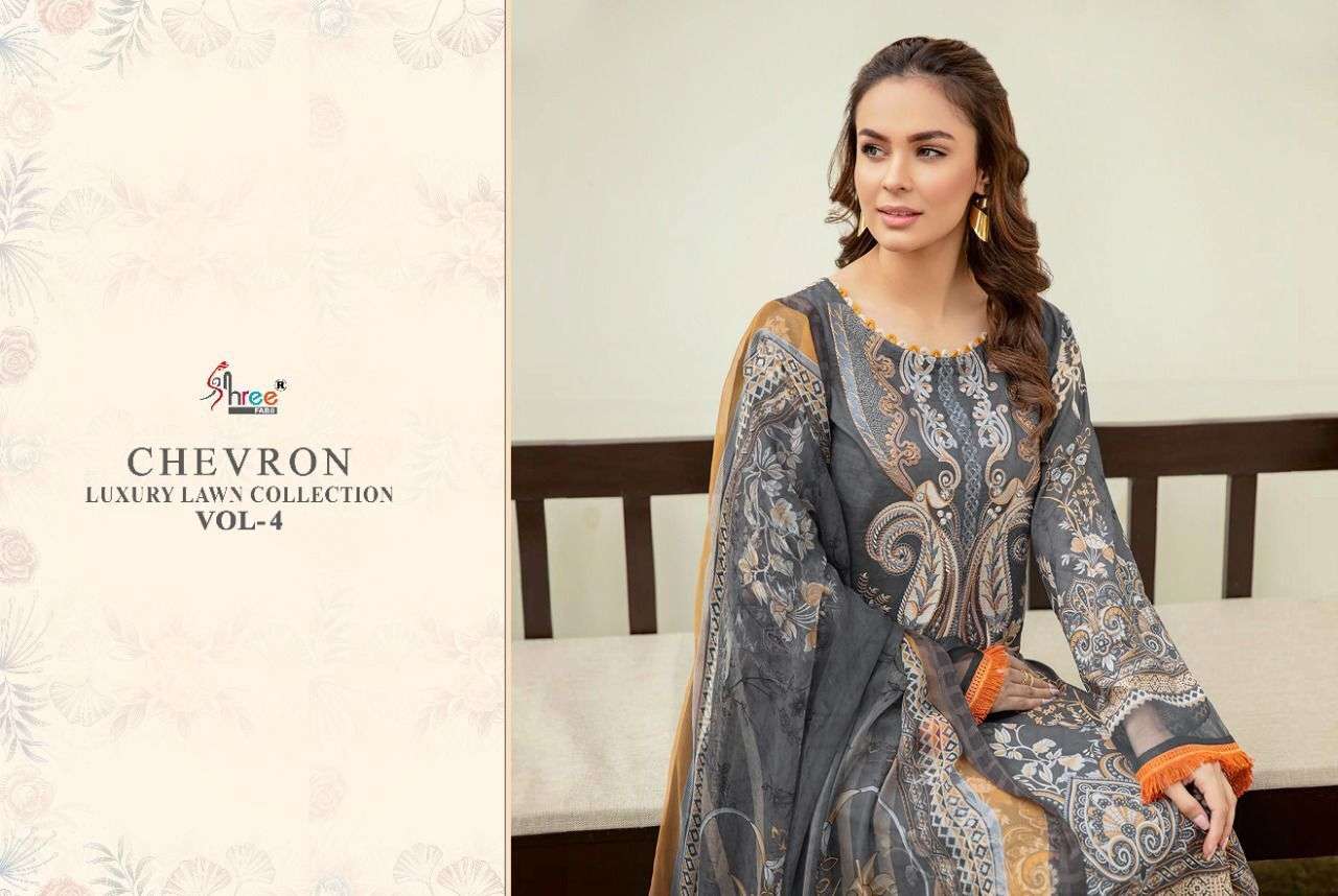 SHREE FABS PRESENT CHEVRON LUXURY LAWN COLLECTION VOL-04 PURE COTTON WITH EMBRODERY PAKISTANI DESIGNER SUITS IN WHOLESALE PRICE IN SURAT - SAI DRESSES