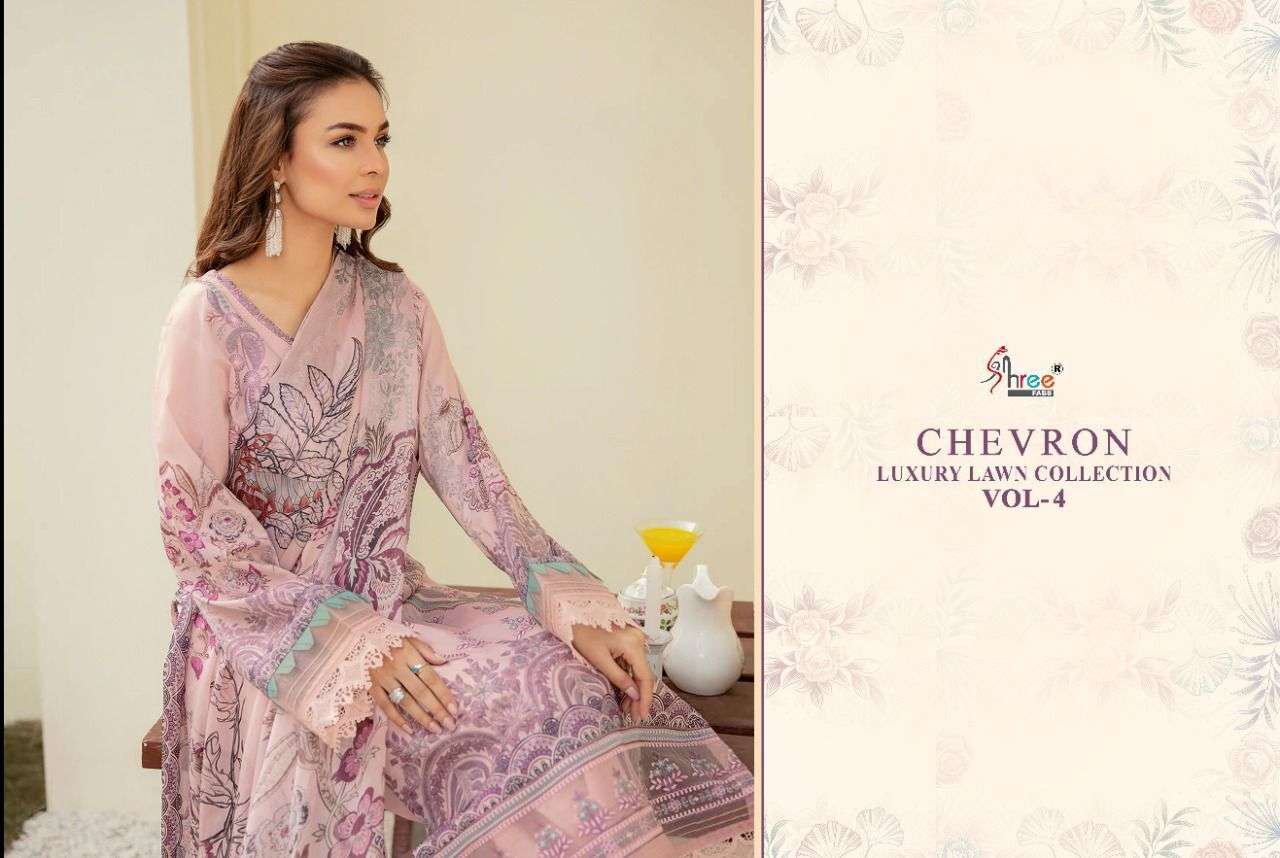 SHREE FABS PRESENT CHEVRON LUXURY LAWN COLLECTION VOL-04 PURE COTTON WITH EMBRODERY PAKISTANI DESIGNER SUITS IN WHOLESALE PRICE IN SURAT - SAI DRESSES