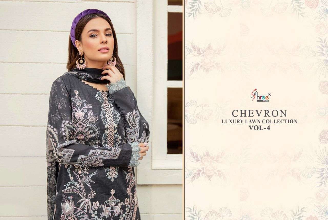 SHREE FABS PRESENT CHEVRON LUXURY LAWN COLLECTION VOL-04 PURE COTTON WITH EMBRODERY PAKISTANI DESIGNER SUITS IN WHOLESALE PRICE IN SURAT - SAI DRESSES