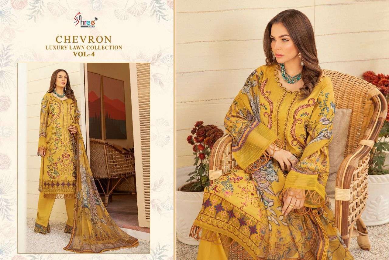 SHREE FABS PRESENT CHEVRON LUXURY LAWN COLLECTION VOL-04 PURE COTTON WITH EMBRODERY PAKISTANI DESIGNER SUITS IN WHOLESALE PRICE IN SURAT - SAI DRESSES