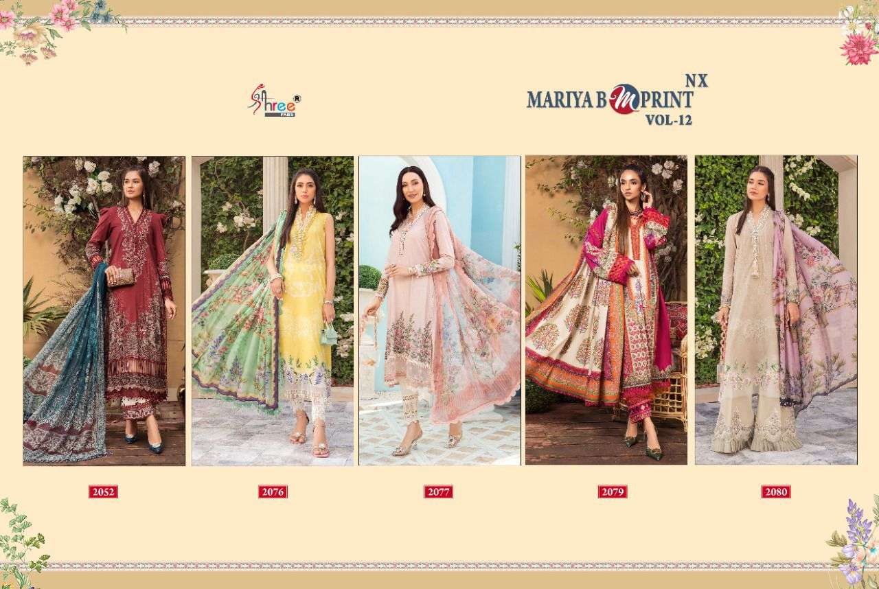  SHREE FABS PRESENT MARIA B M PRINT VOL12 NX PURE COTTON WITH EMBROIDERY SUITS IN WHOLESALE PRICE IN SURAT - SAI DRESSES