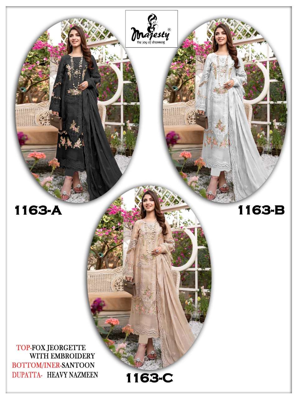 MAJESTY PRESENT MAJESTY D.NO 1163 A TO 1163 C SERIES SEMI STITCHED PAKISTANI DESIGNER SUITS IN WHOLESALE PRICE IN SURAT - SAI DRESSES 