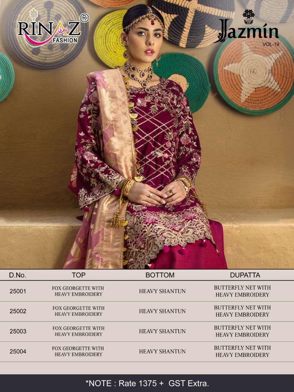 RINAZ FASHION PRESENT JAZMIN VOL-19 GEORGETTE SEMI STITCHED PAKISTANI SUITS IN WHOLESALE PRICE IN SURAT - SAI DRESSES