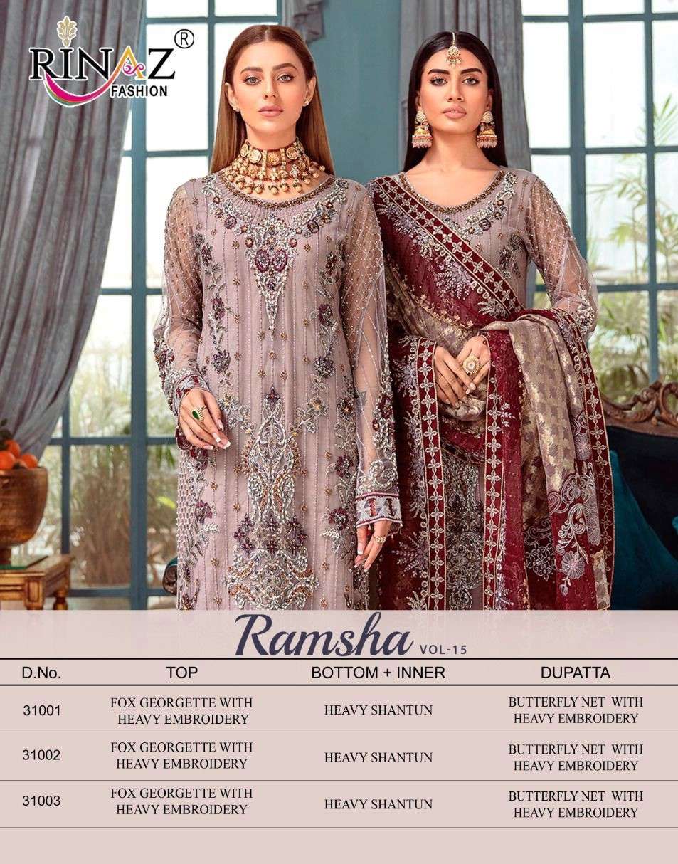 RINAZ FASHION PRESENT RAMSHA VOL- 15 SEMI STITCHED PAKISTANI DESIGNER SUITS IN WHOLESALE PRICE IN SURAT - SAI DRESSES
