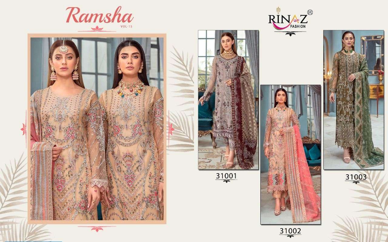 RINAZ FASHION PRESENT RAMSHA VOL- 15 SEMI STITCHED PAKISTANI DESIGNER SUITS IN WHOLESALE PRICE IN SURAT - SAI DRESSES