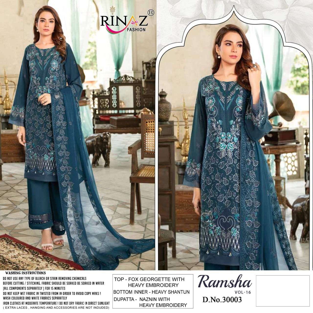 RINAZ FASHION PRESENT RAMSHA VOL- 16 GEORGETTE SEMI STITCHED PAKISTANI DESIGNER SUITS IN WHOLESALE PRICE IN SURAT - SAI DRESSES