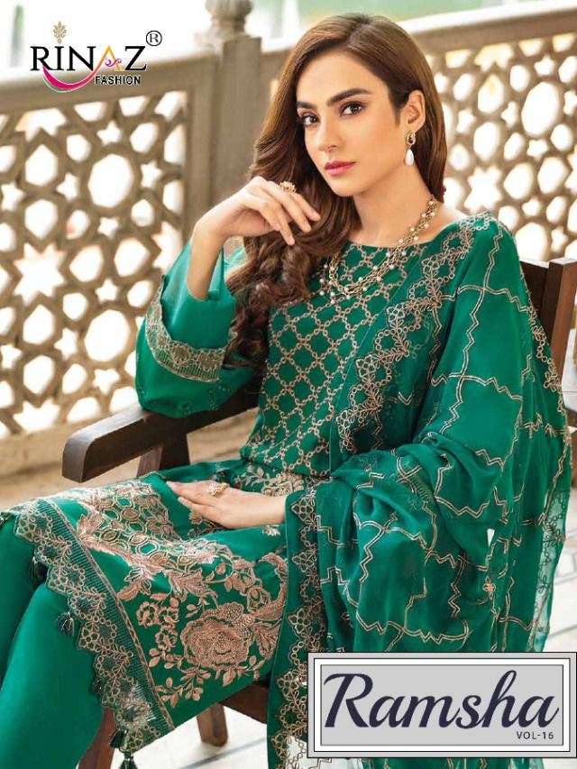 RINAZ FASHION PRESENT RAMSHA VOL- 16 GEORGETTE SEMI STITCHED PAKISTANI DESIGNER SUITS IN WHOLESALE PRICE IN SURAT - SAI DRESSES