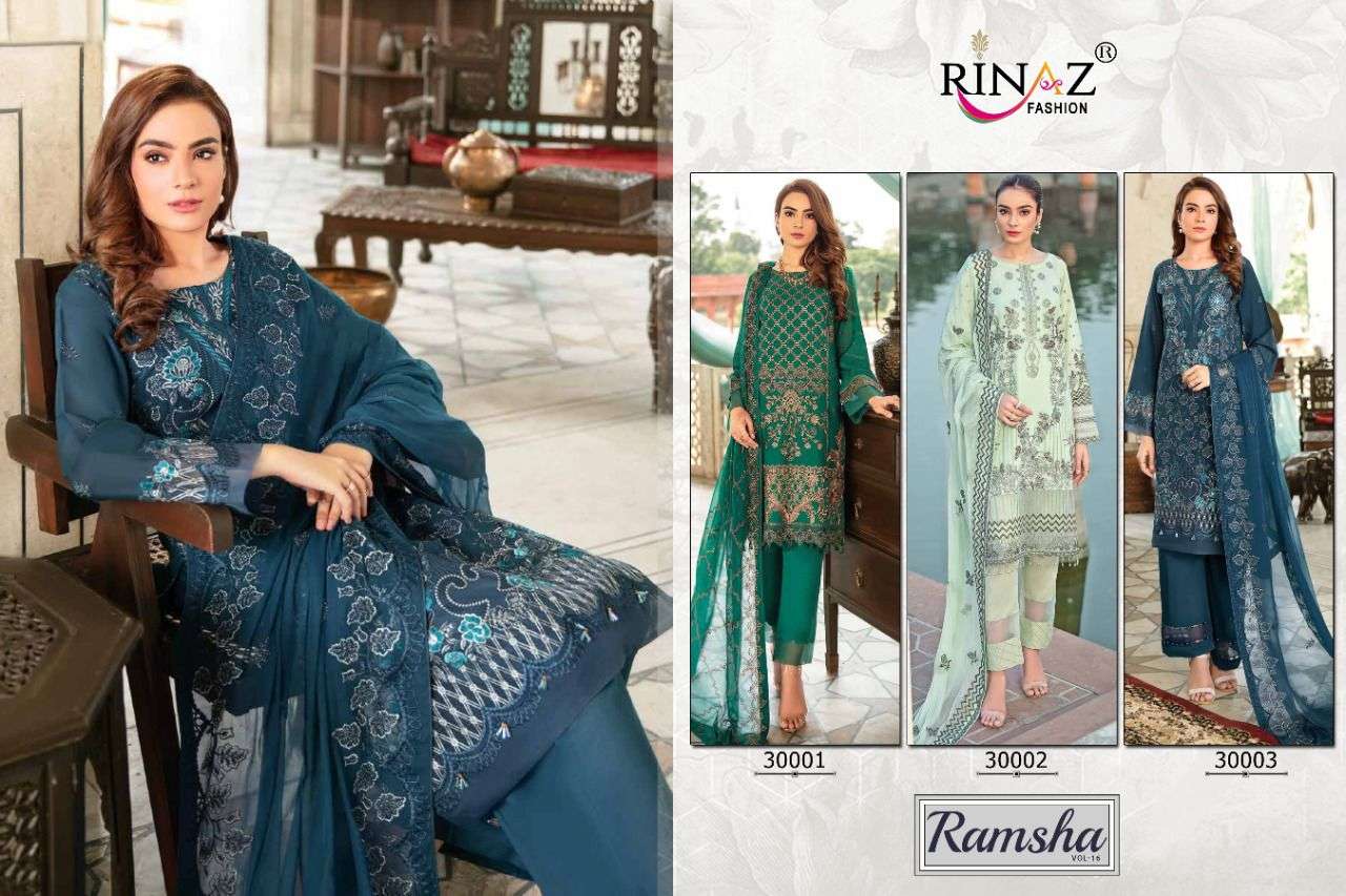 RINAZ FASHION PRESENT RAMSHA VOL- 16 GEORGETTE SEMI STITCHED PAKISTANI DESIGNER SUITS IN WHOLESALE PRICE IN SURAT - SAI DRESSES