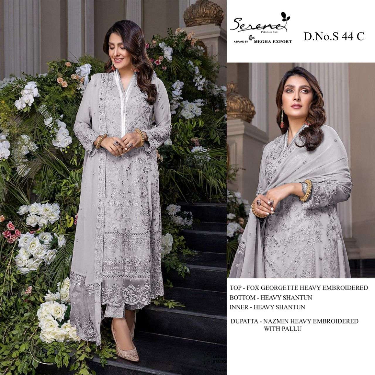 SERENE PRESENT SERENE S-44-A TO S-44-D SERIES GEORGETTE SEMI STITCHED PAKISTANI DESIGNER SUITS IN WHOLESALE PRICE IN SURAT - SAI DRESSES