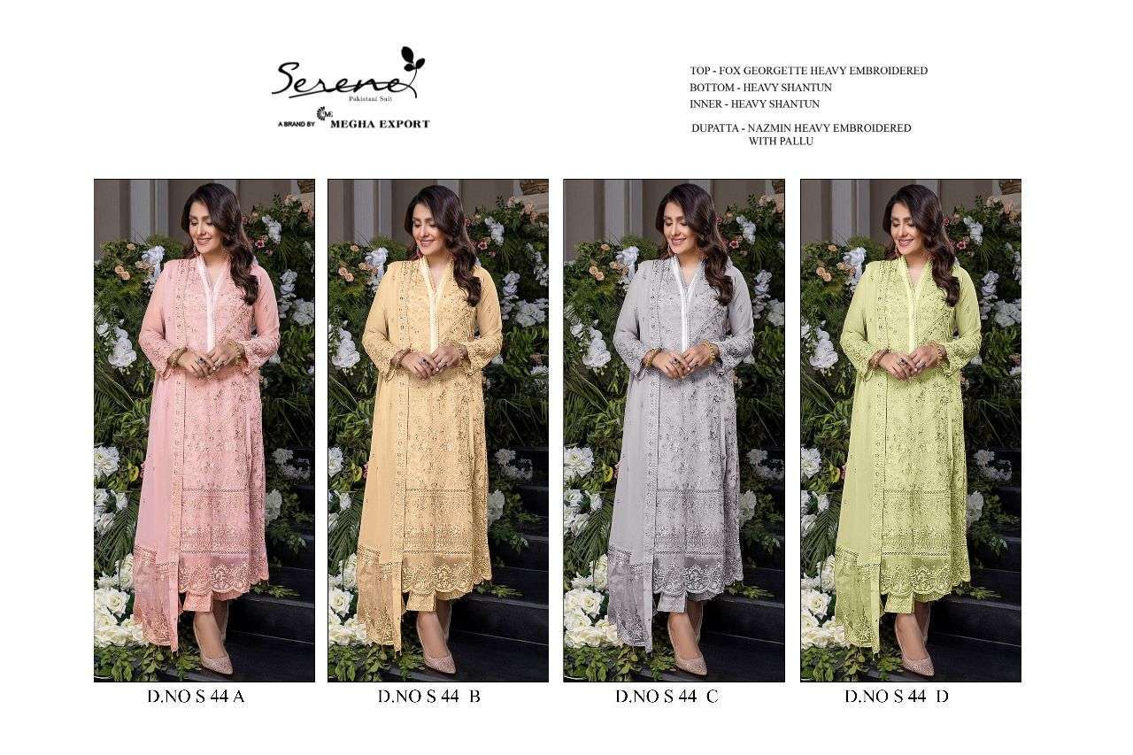 SERENE PRESENT SERENE S-44-A TO S-44-D SERIES GEORGETTE SEMI STITCHED PAKISTANI DESIGNER SUITS IN WHOLESALE PRICE IN SURAT - SAI DRESSES