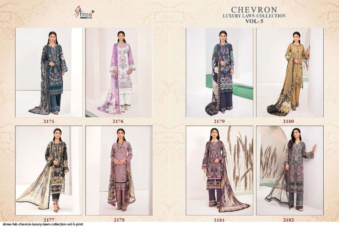 SHREE FABS PRESENT CHEVRON LUXURY LAWN COLLECTION VOL-05 PURE COTTON WITH EMBRODERY PAKISTANI DESIGNER SUITS IN WHOLESALE PRICE IN SURAT - SAI DRESSES