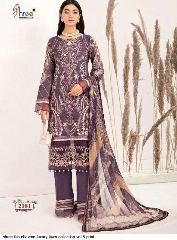 SHREE FABS PRESENT CHEVRON LUXURY LAWN COLLECTION VOL-05 PURE COTTON WITH EMBRODERY PAKISTANI DESIGNER SUITS IN WHOLESALE PRICE IN SURAT - SAI DRESSES