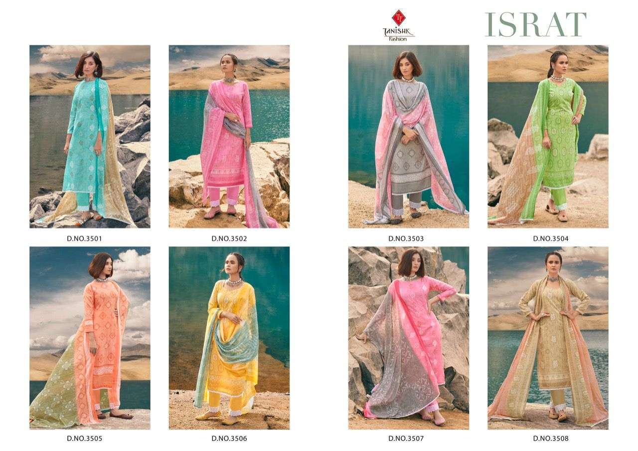 TANISHK FASHION PRESENT ISRAT CATALOG PURE COTTON WITH BORDER LACE PANT STYLE SUITS IN WHOLESALE PRICE IN SURAT - SAI DRESSES