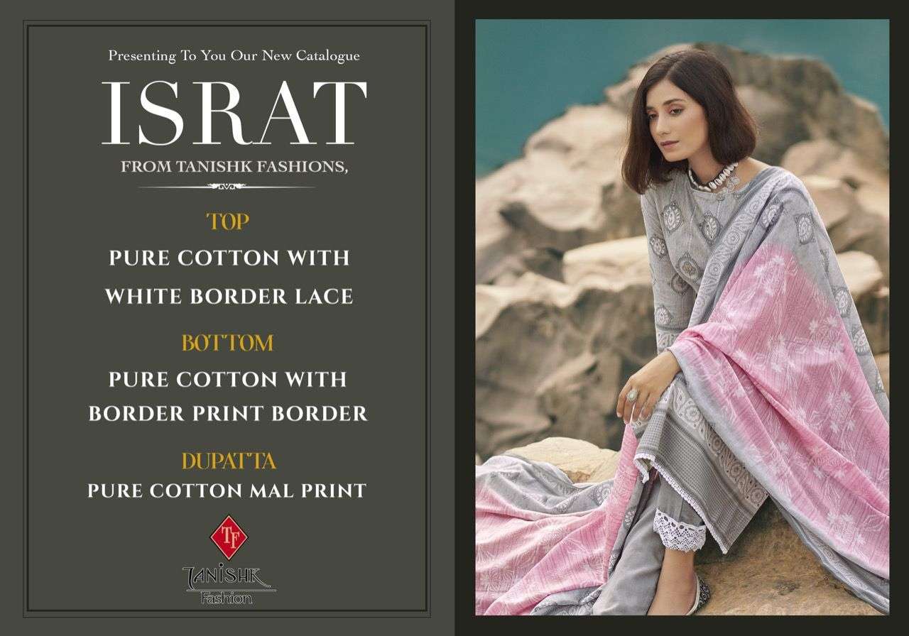 TANISHK FASHION PRESENT ISRAT CATALOG PURE COTTON WITH BORDER LACE PANT STYLE SUITS IN WHOLESALE PRICE IN SURAT - SAI DRESSES