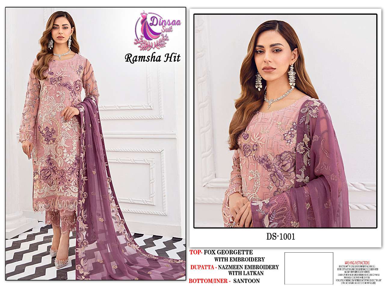 DINSAA SUITS PRESENT RAMSHA HIT GEORGETTE WITH HANDWORK PAKISTANI DESIGNER SUITS IN WHOLESALE PRICE IN SURAT - SAI DRESSES