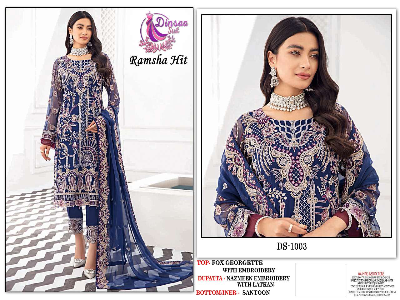 DINSAA SUITS PRESENT RAMSHA HIT GEORGETTE WITH HANDWORK PAKISTANI DESIGNER SUITS IN WHOLESALE PRICE IN SURAT - SAI DRESSES