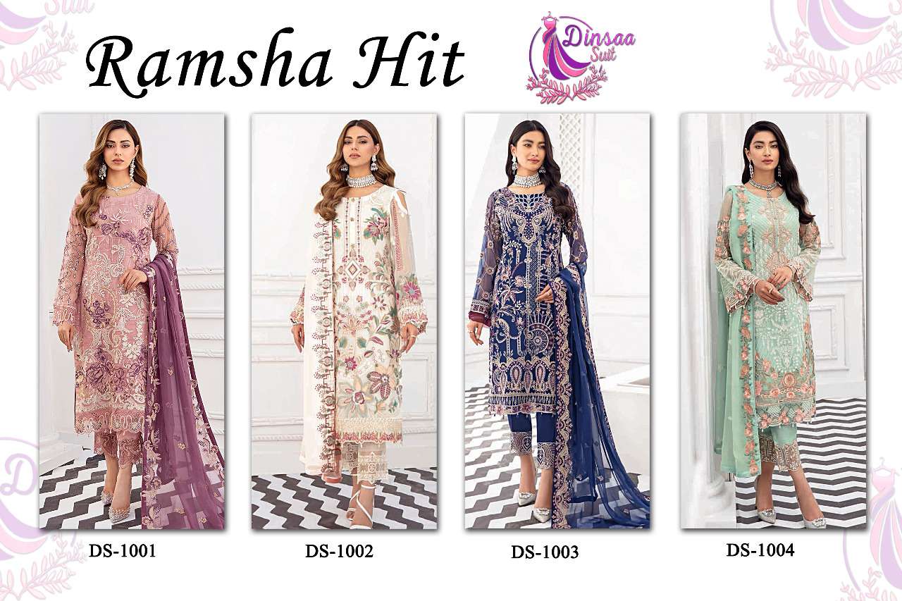 DINSAA SUITS PRESENT RAMSHA HIT GEORGETTE WITH HANDWORK PAKISTANI DESIGNER SUITS IN WHOLESALE PRICE IN SURAT - SAI DRESSES