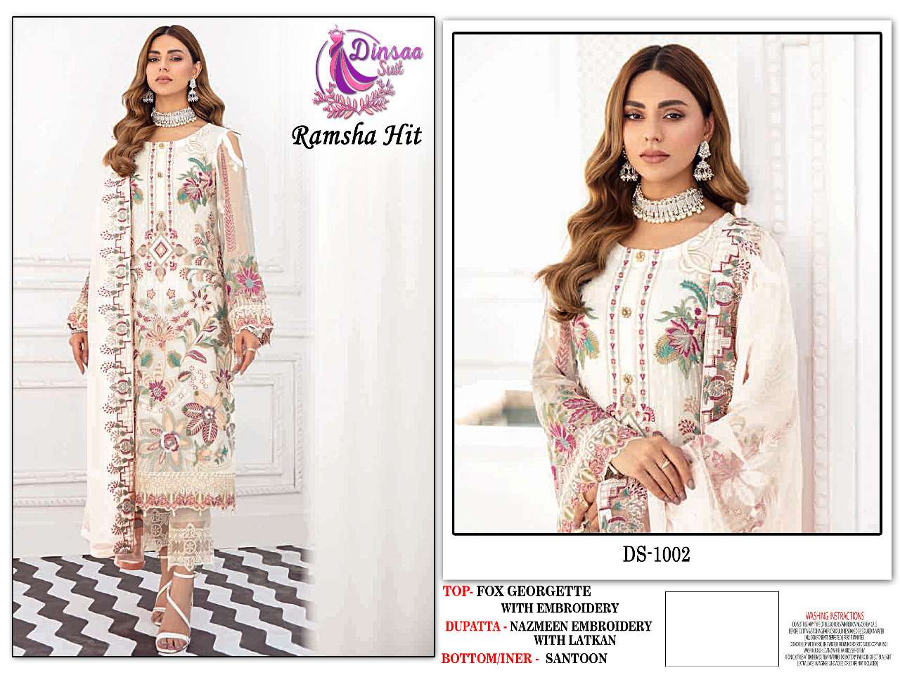 DINSAA SUITS PRESENT RAMSHA HIT GEORGETTE WITH HANDWORK PAKISTANI DESIGNER SUITS IN WHOLESALE PRICE IN SURAT - SAI DRESSES