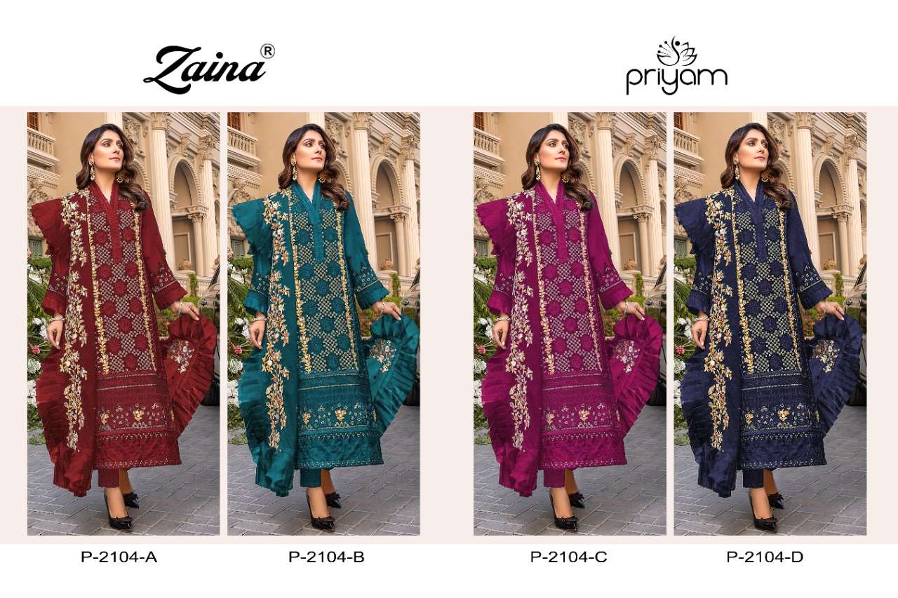 PRIYAM FASHION PRESENT ZAINA P-2104-A TO P-2104-D SERIES SEMI STITCHED PAKISTANI DESIGNER SUITS IN WHOLESALE PRICE IN SURAT - SAI DRESSES