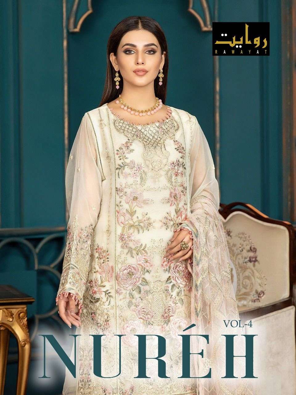 RAWAYAT PRESENT NUREH VOL 4 SEMI STITCHED EMBROIDERED PAKISTANI DESIGNER SUITS IN WHOLESALE PRICE IN SURAT - SAI DRESSES