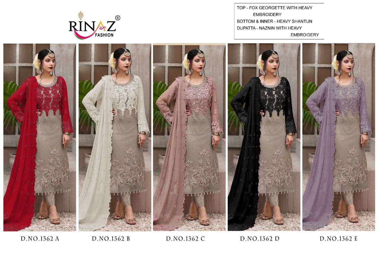RINAZ FASHION PRESENT RINAZ D.NO 1362 A TO 1362 E SERIES SEMI STITCHED PAKISTANI DESIGNER SUITS IN WHOLESALE PRICE IN SURAT - SAI DRESSES