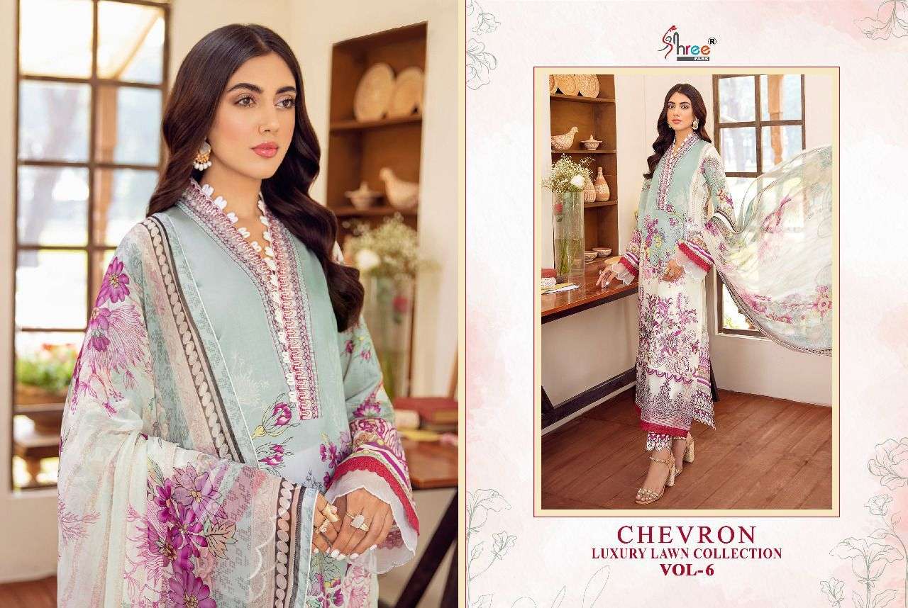SHREE FABS PRESENT CHEVRON LUXURY LAWN COLLECTION VOL-06 PURE COTTON WITH EMBRODERY PAKISTANI DESIGNER SUITS IN WHOLESALE PRICE IN SURAT - SAI DRESSES