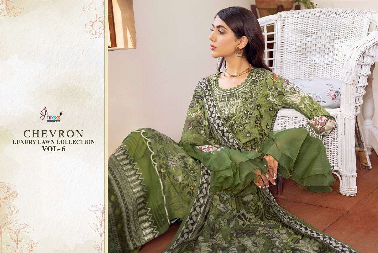 SHREE FABS PRESENT CHEVRON LUXURY LAWN COLLECTION VOL-06 PURE COTTON WITH EMBRODERY PAKISTANI DESIGNER SUITS IN WHOLESALE PRICE IN SURAT - SAI DRESSES