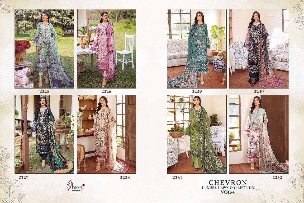 SHREE FABS PRESENT CHEVRON LUXURY LAWN COLLECTION VOL-06 PURE COTTON WITH EMBRODERY PAKISTANI DESIGNER SUITS IN WHOLESALE PRICE IN SURAT - SAI DRESSES