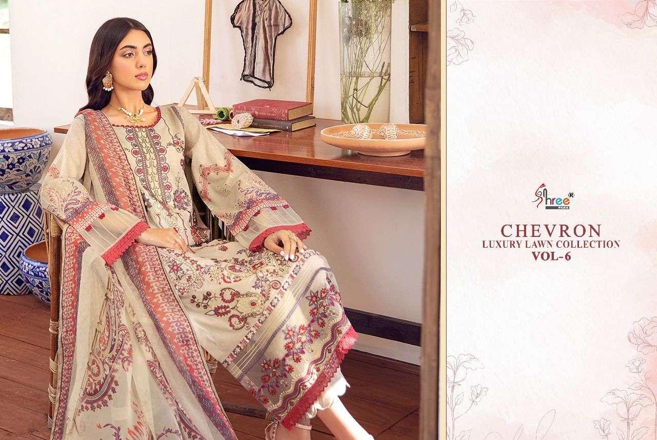 SHREE FABS PRESENT CHEVRON LUXURY LAWN COLLECTION VOL-06 PURE COTTON WITH EMBRODERY PAKISTANI DESIGNER SUITS IN WHOLESALE PRICE IN SURAT - SAI DRESSES