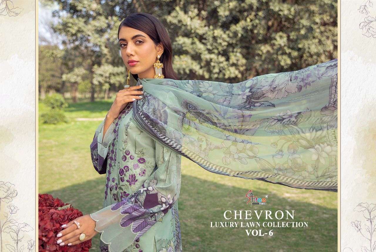 SHREE FABS PRESENT CHEVRON LUXURY LAWN COLLECTION VOL-06 PURE COTTON WITH EMBRODERY PAKISTANI DESIGNER SUITS IN WHOLESALE PRICE IN SURAT - SAI DRESSES