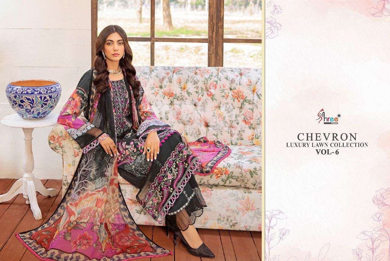 SHREE FABS PRESENT CHEVRON LUXURY LAWN COLLECTION VOL-06 PURE COTTON WITH EMBRODERY PAKISTANI DESIGNER SUITS IN WHOLESALE PRICE IN SURAT - SAI DRESSES
