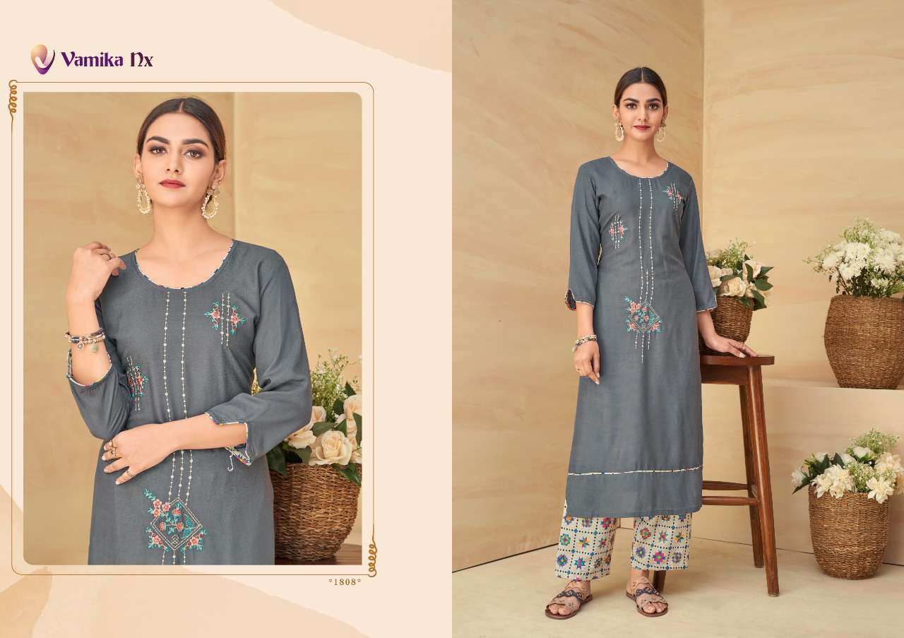 VAMIKA NX PRESENT PLAZO VOL 1 RAYON FANCY KURTI WITH PLAZZO PAIR IN WHOLESALE PRICE IN SURAT - SAI DRESSES