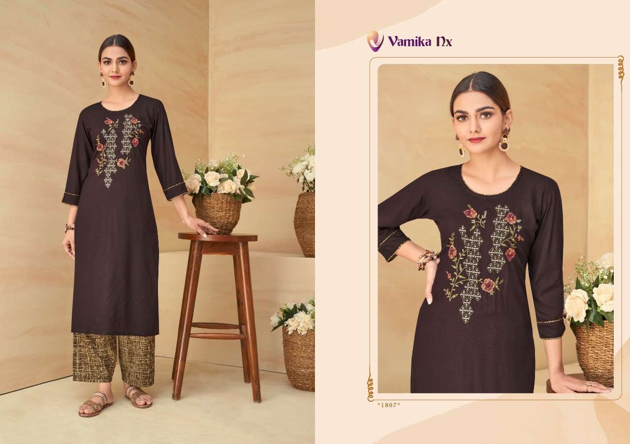 VAMIKA NX PRESENT PLAZO VOL 1 RAYON FANCY KURTI WITH PLAZZO PAIR IN WHOLESALE PRICE IN SURAT - SAI DRESSES