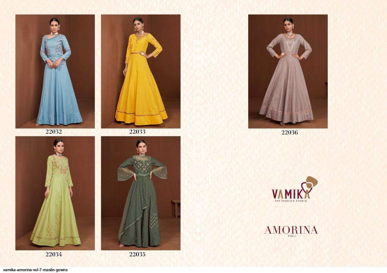 VAMIKA PRESENT AMORINA VOL 7 READYMADE MASLIN DESIGNER GOWNS IN WHOLESALE PRICE IN SURAT - SAI DRESSES