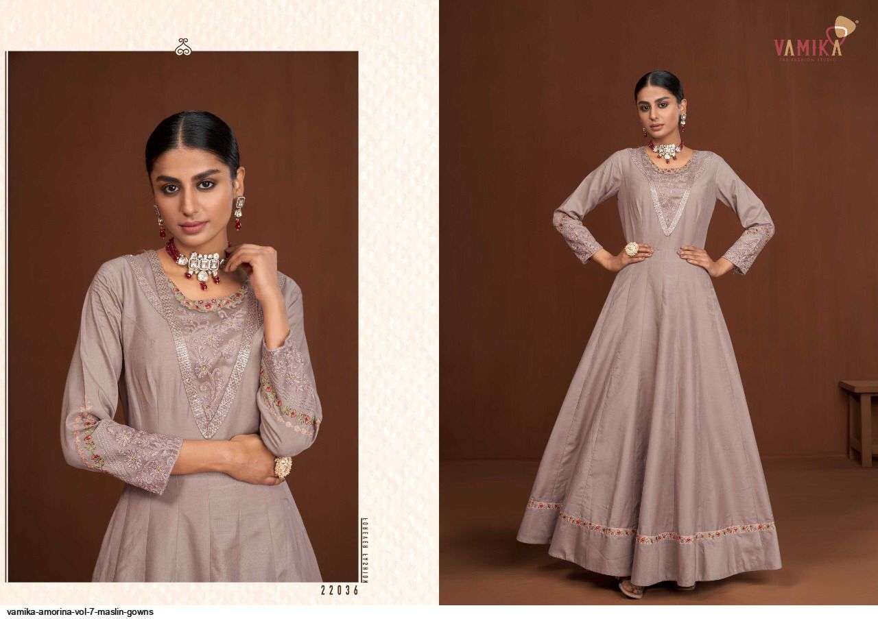 VAMIKA PRESENT AMORINA VOL 7 READYMADE MASLIN DESIGNER GOWNS IN WHOLESALE PRICE IN SURAT - SAI DRESSES