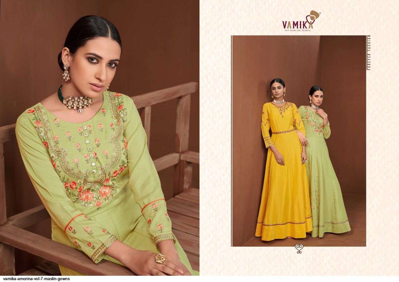 VAMIKA PRESENT AMORINA VOL 7 READYMADE MASLIN DESIGNER GOWNS IN WHOLESALE PRICE IN SURAT - SAI DRESSES