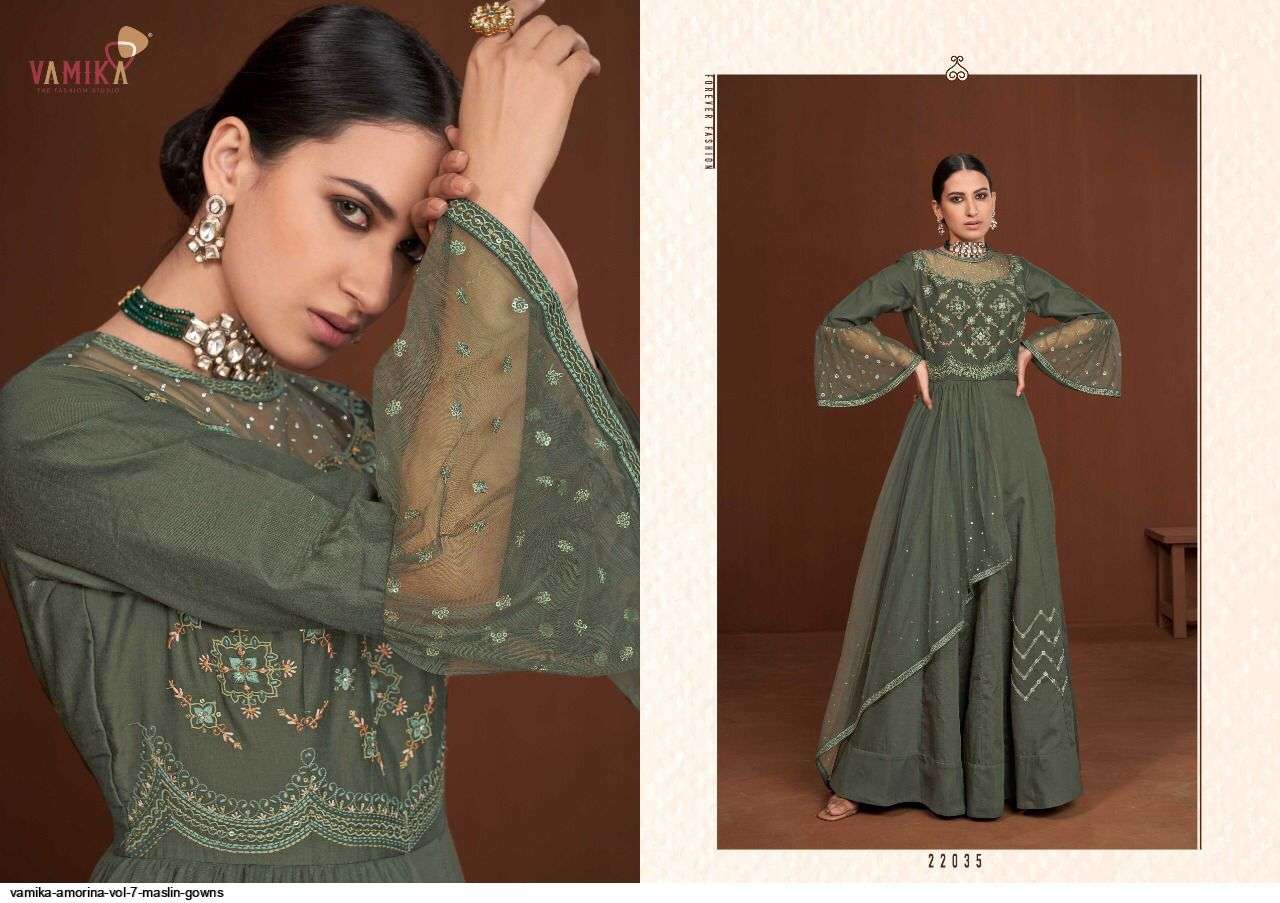 VAMIKA PRESENT AMORINA VOL 7 READYMADE MASLIN DESIGNER GOWNS IN WHOLESALE PRICE IN SURAT - SAI DRESSES