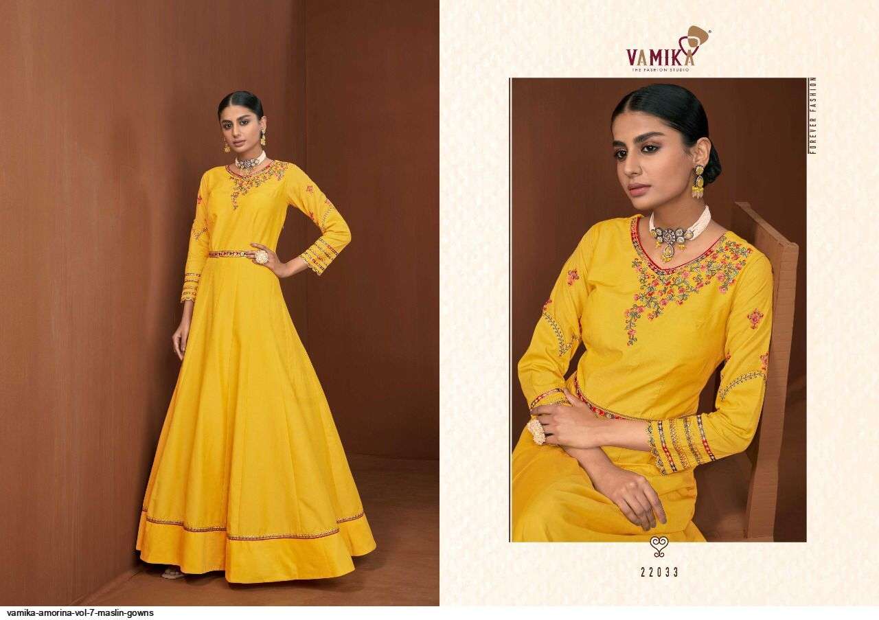 VAMIKA PRESENT AMORINA VOL 7 READYMADE MASLIN DESIGNER GOWNS IN WHOLESALE PRICE IN SURAT - SAI DRESSES