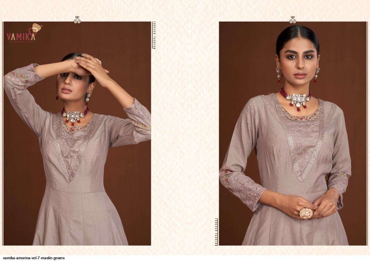 VAMIKA PRESENT AMORINA VOL 7 READYMADE MASLIN DESIGNER GOWNS IN WHOLESALE PRICE IN SURAT - SAI DRESSES