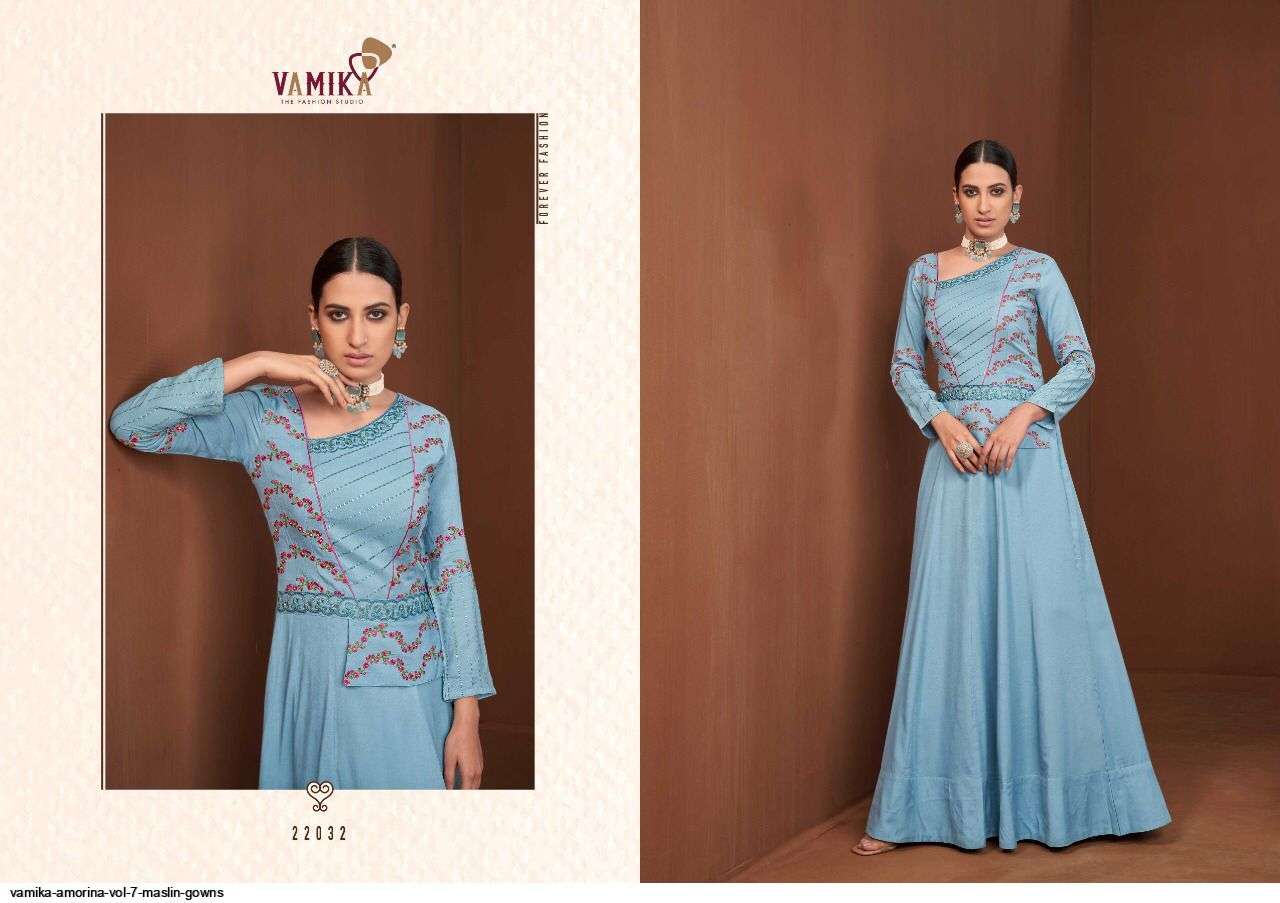 VAMIKA PRESENT AMORINA VOL 7 READYMADE MASLIN DESIGNER GOWNS IN WHOLESALE PRICE IN SURAT - SAI DRESSES
