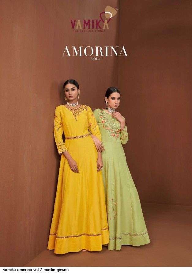 VAMIKA PRESENT AMORINA VOL 7 READYMADE MASLIN DESIGNER GOWNS IN WHOLESALE PRICE IN SURAT - SAI DRESSES