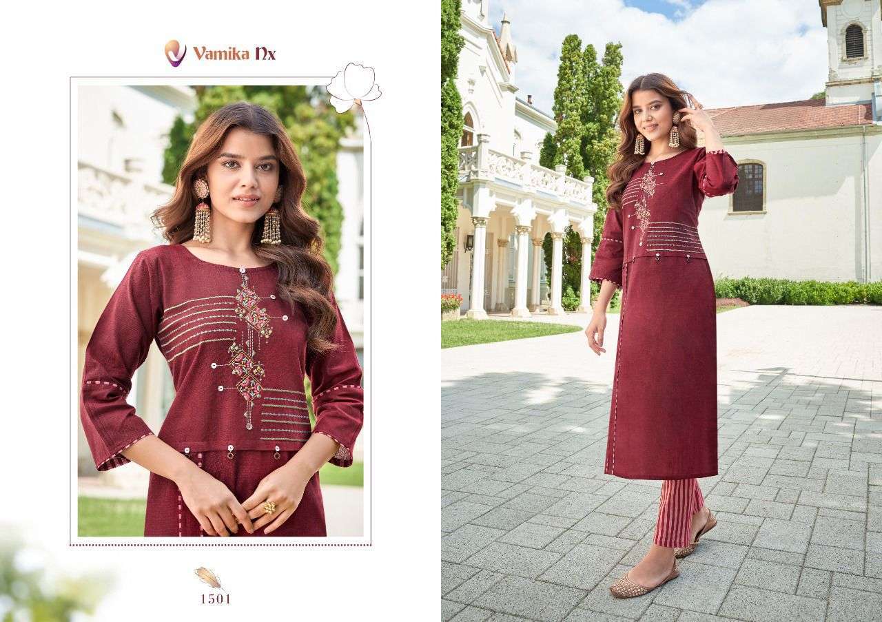  VAMIKA PRESENT SAFFRON DESIGNER KURTI WITH PENT SET IN WHOLESALE PRICE IN SURAT - SAI DRESSES