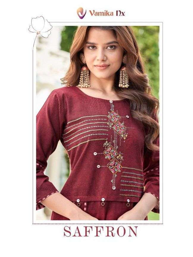  VAMIKA PRESENT SAFFRON DESIGNER KURTI WITH PENT SET IN WHOLESALE PRICE IN SURAT - SAI DRESSES
