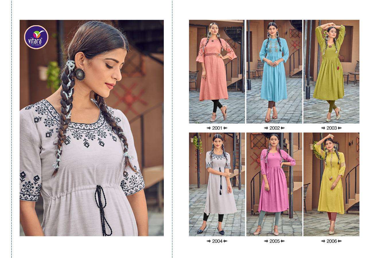 VITARA FASHION PRESENT BLUE BERRY RAYON WITH FANCY EMBROIDERY WORK ANARKALI STYLE CASUAL WEAR KURTIS IN WHOLESALE PRICE IN SURAT - SAI DRESSES