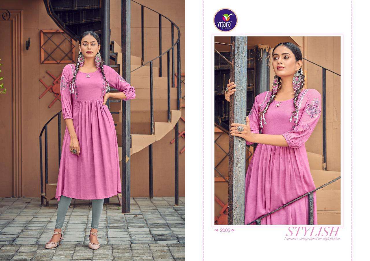 VITARA FASHION PRESENT BLUE BERRY RAYON WITH FANCY EMBROIDERY WORK ANARKALI STYLE CASUAL WEAR KURTIS IN WHOLESALE PRICE IN SURAT - SAI DRESSES