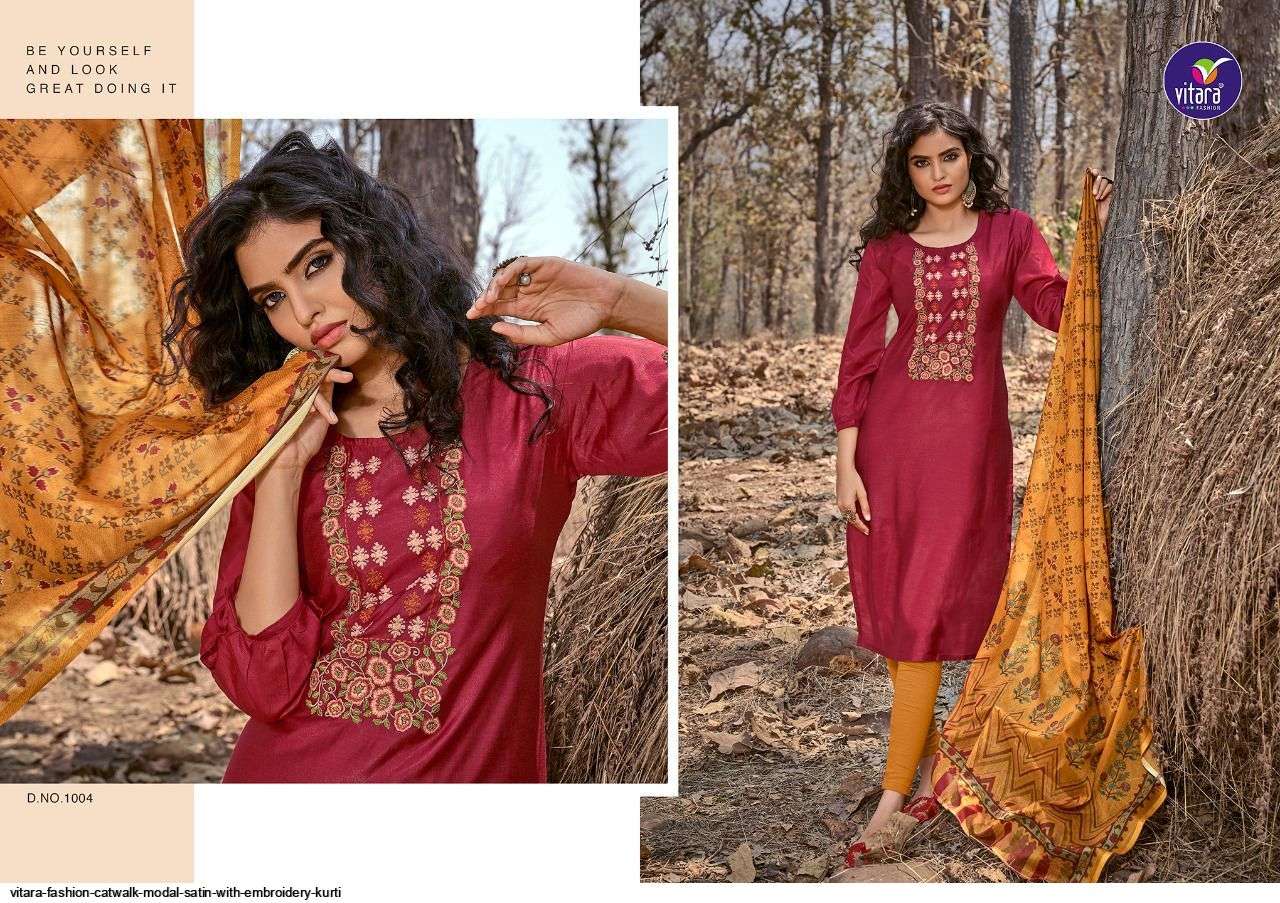 VITARA FASHION PRESENT CATWALK MODAL SATIN WITH EMBROIDERY KURTI IN WHOLESALE PRICE IN SURAT - SAI DRESSES