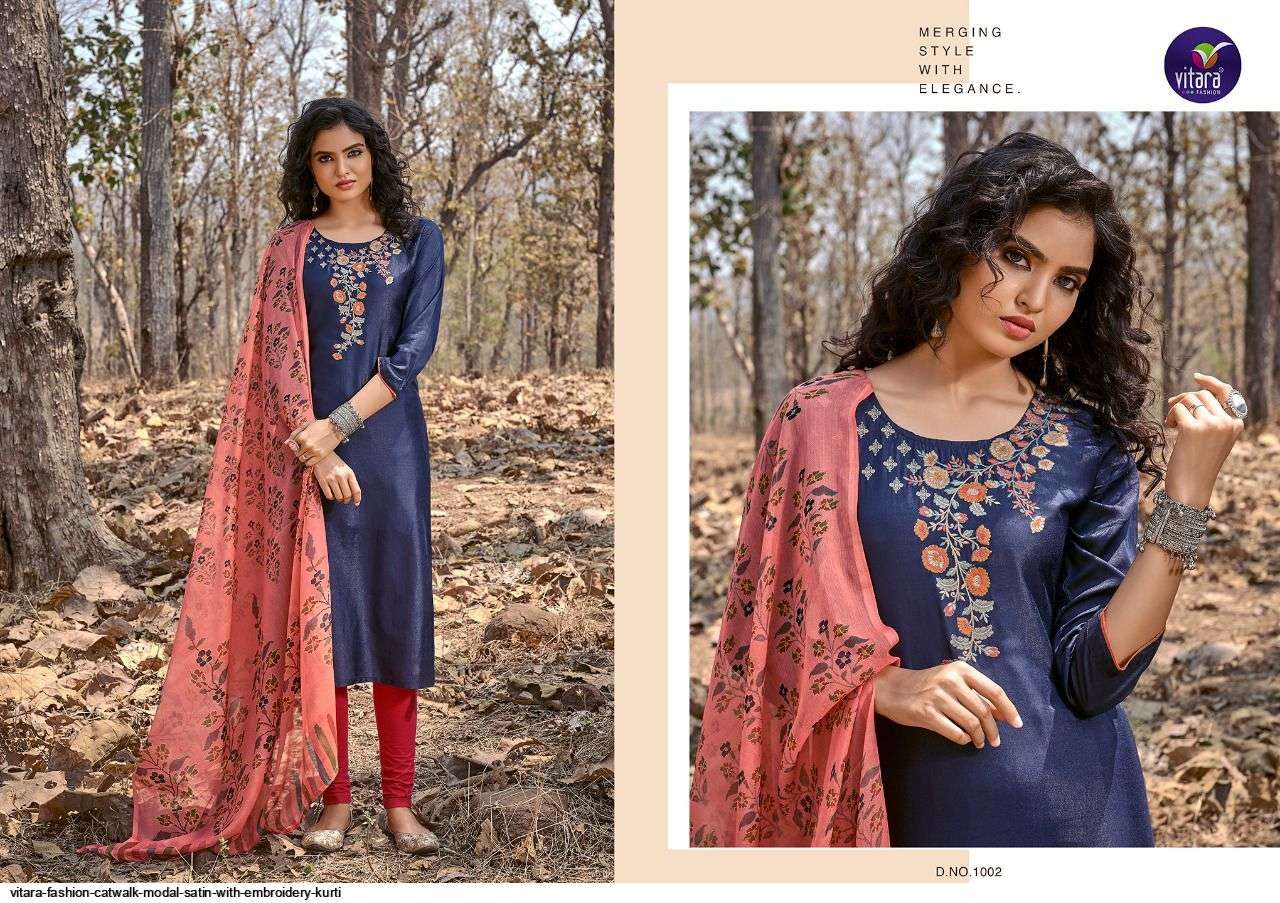 VITARA FASHION PRESENT CATWALK MODAL SATIN WITH EMBROIDERY KURTI IN WHOLESALE PRICE IN SURAT - SAI DRESSES