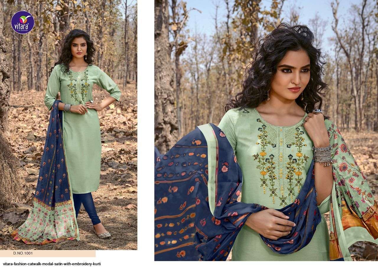 VITARA FASHION PRESENT CATWALK MODAL SATIN WITH EMBROIDERY KURTI IN WHOLESALE PRICE IN SURAT - SAI DRESSES
