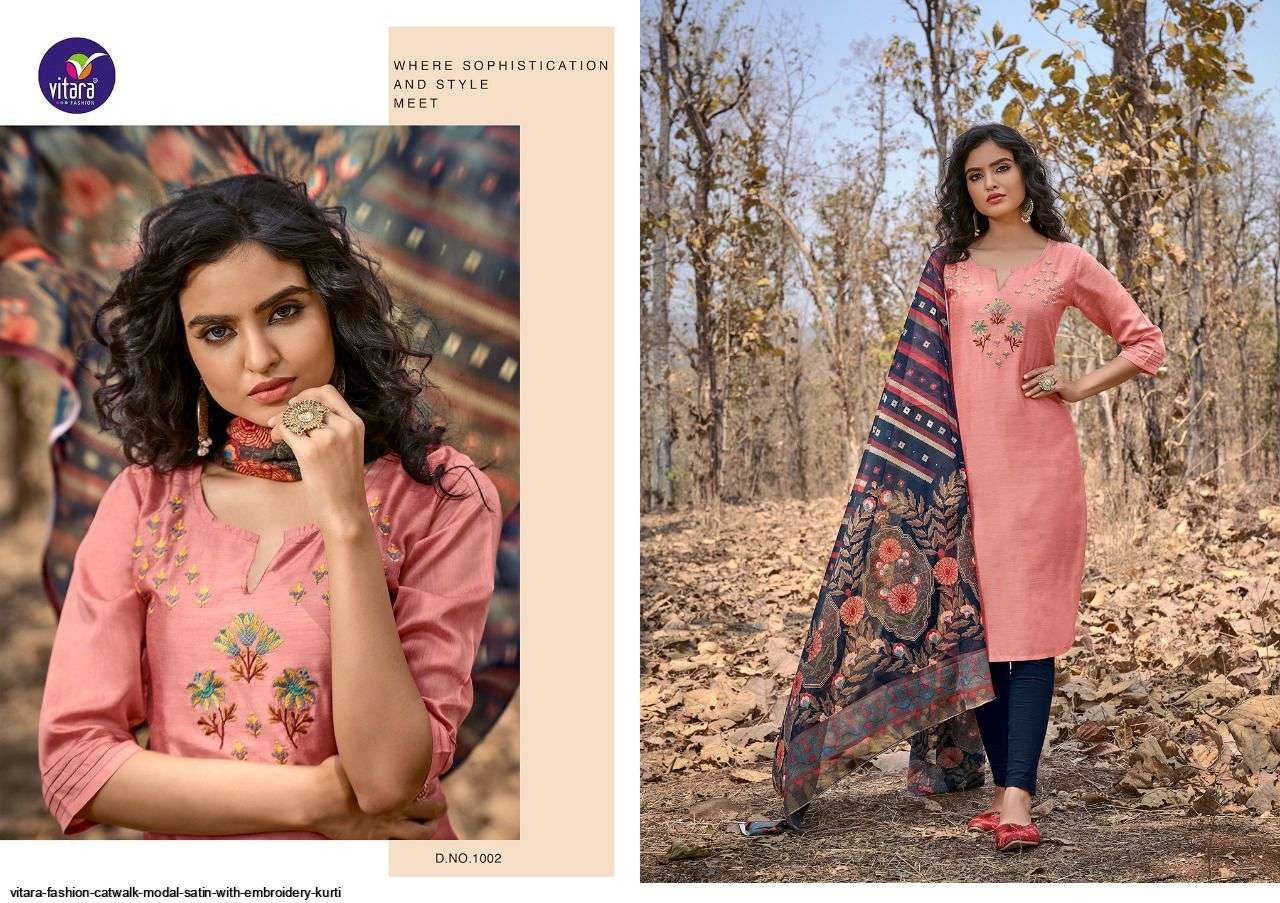 VITARA FASHION PRESENT CATWALK MODAL SATIN WITH EMBROIDERY KURTI IN WHOLESALE PRICE IN SURAT - SAI DRESSES
